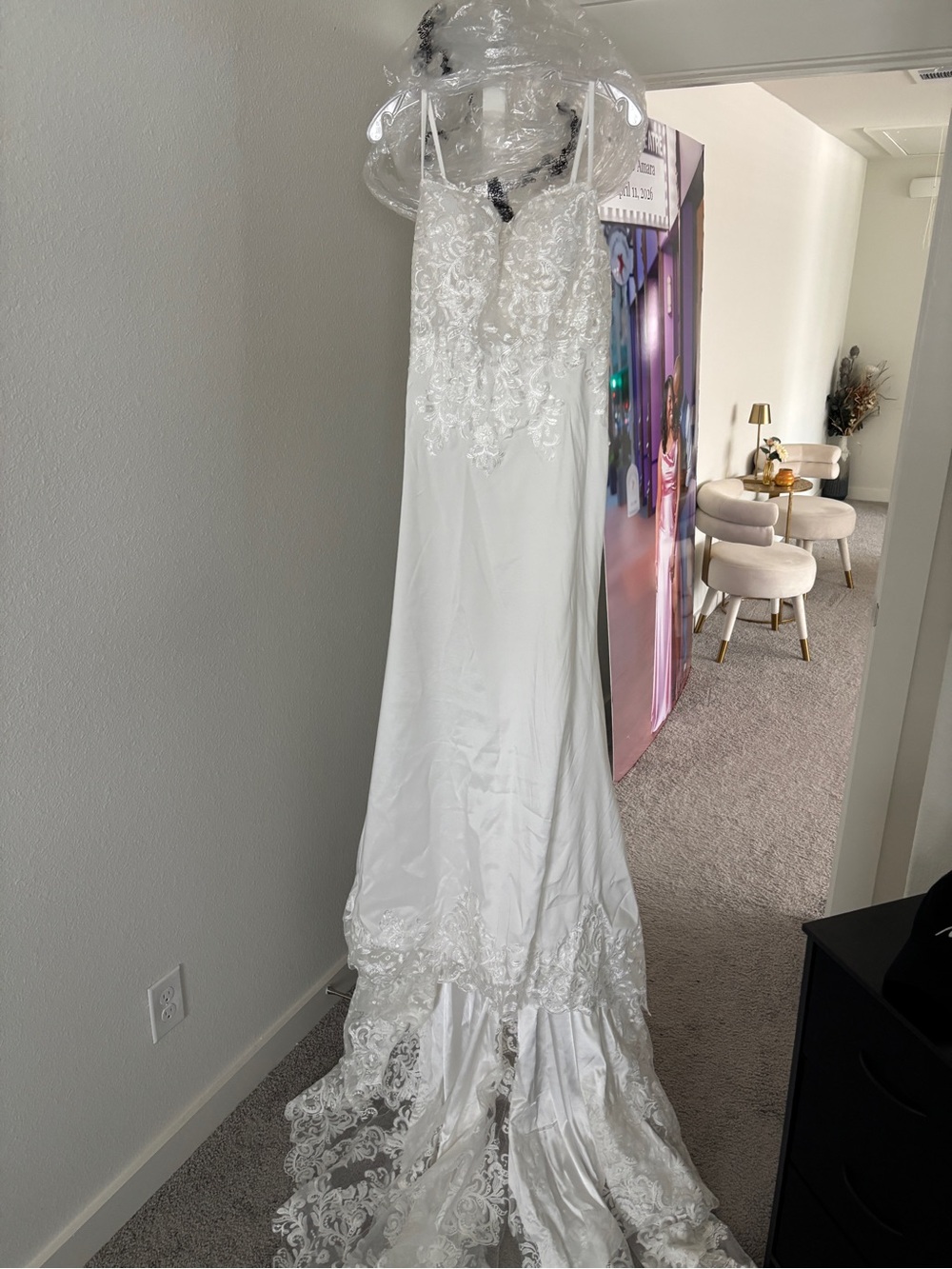 Lace Appliqué Satin Wedding Gown in White